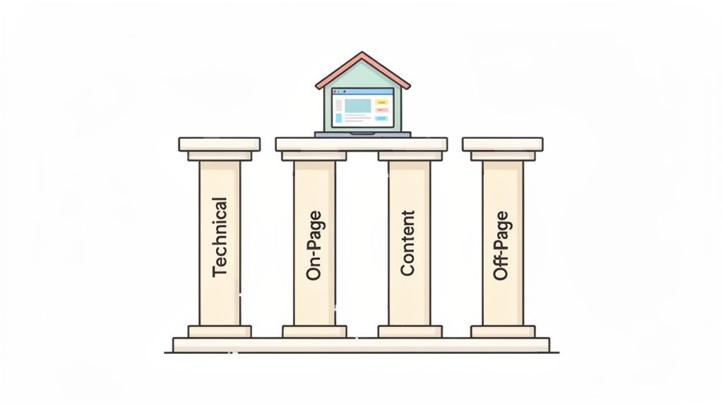 Four pillars representing Technical, On-Page, Content, and Off-Page SEO supporting a website displayed on a laptop.