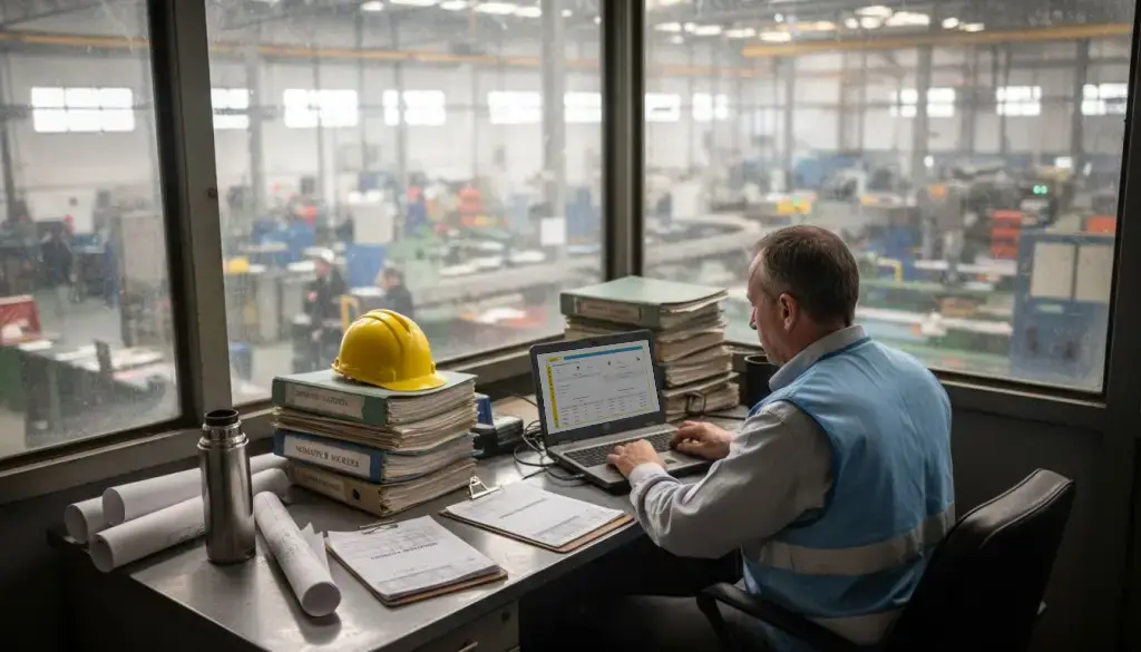 Il responsabile HSE sta verificando che tutte le norme di sicurezza e ambiente siano rispettate tramite il software sicurezza sul lavoro