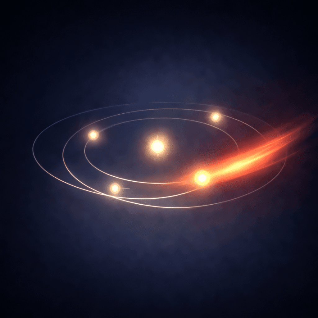 A dark, misty indigo background with glowing orbital rings circling a bright central light, dotted with small glowing nodes, and a warm orange streak shooting in from the right like a comet.
