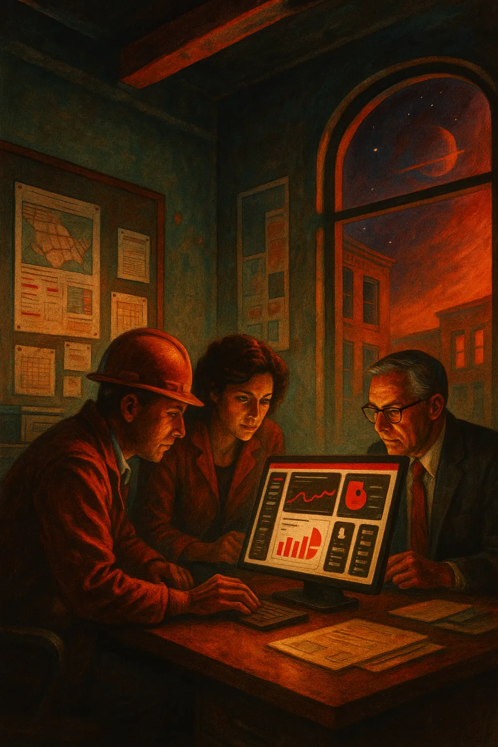 Three people reviewing charts in a dim room, RockN' Socials Digital Marketing.