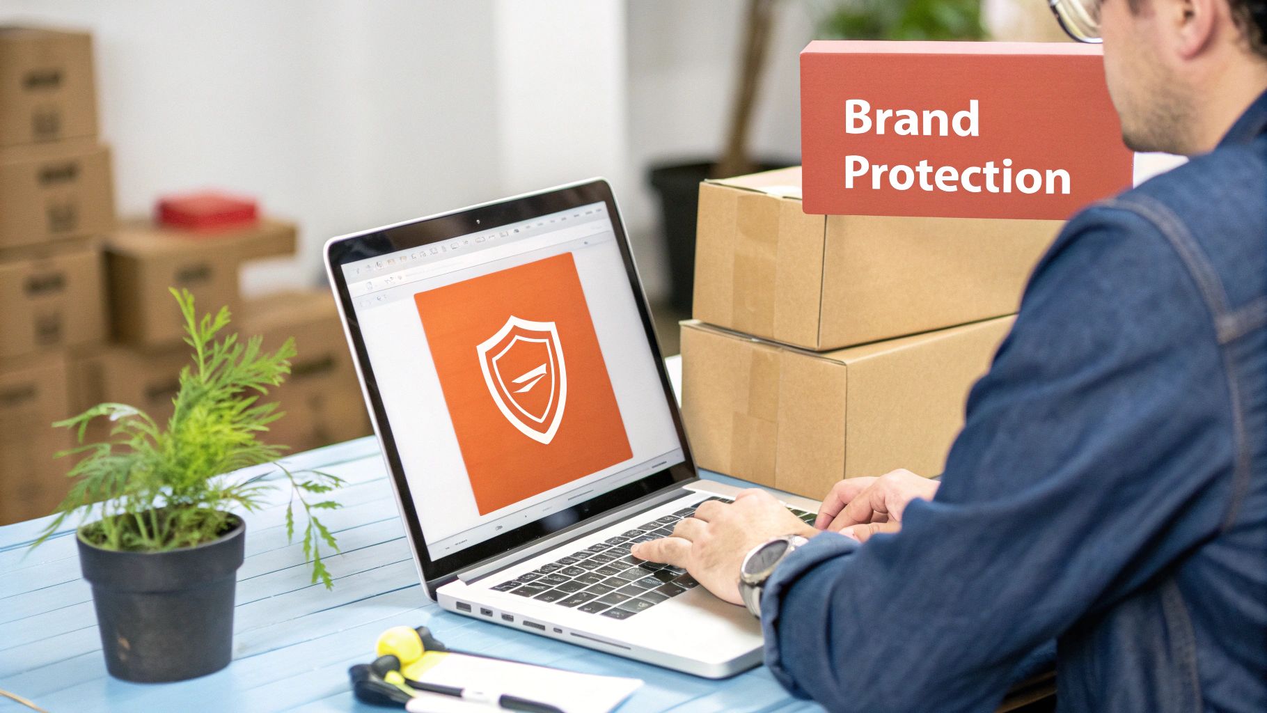 Man typing on a laptop displaying a shield icon, next to a 'Brand Protection' sign and shipping boxes.