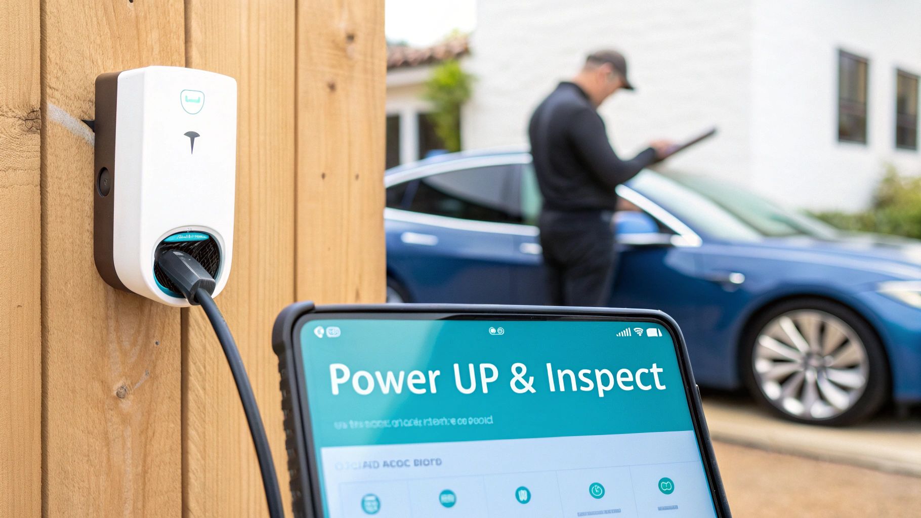 a man inspecting a tesla charger mounted to a wooden wall next to a tablet