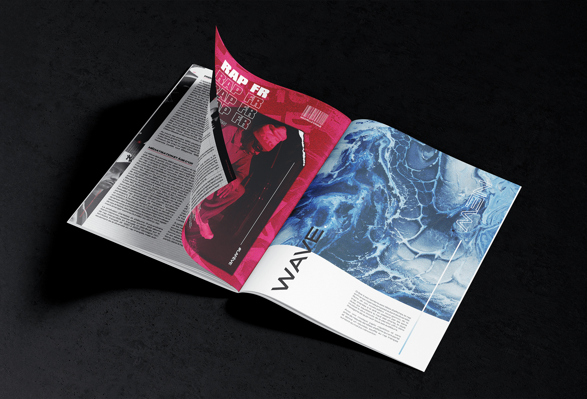 Double page du fanzine Rapzine, mise en page éditoriale et travail typographique.