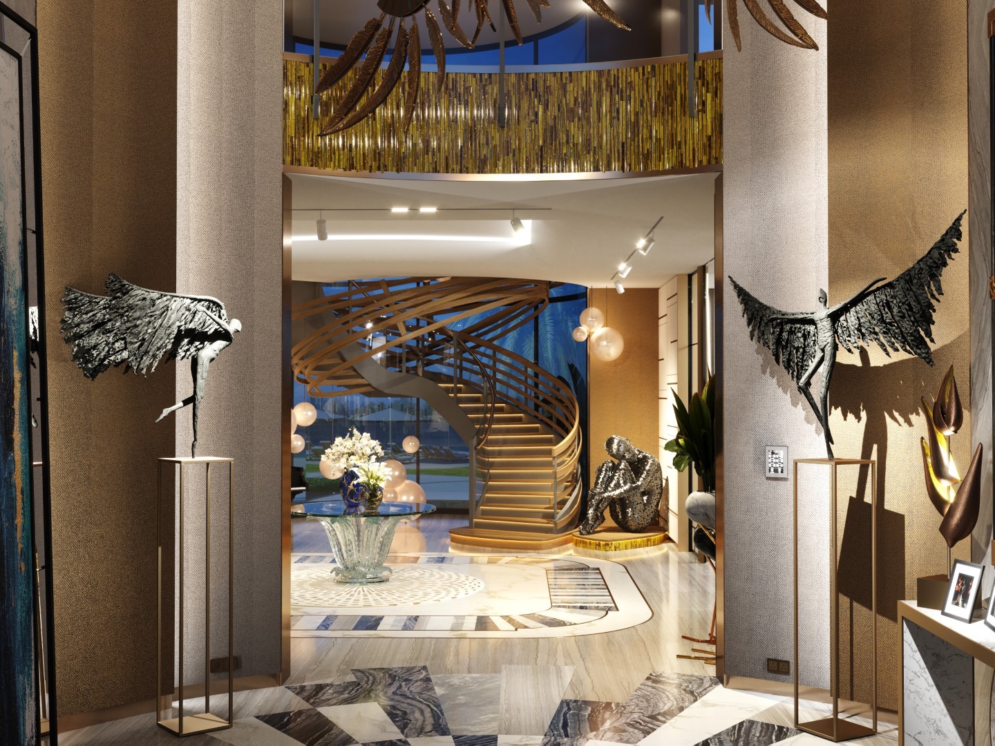 A luxurious indoor space featuring a grand, spiraling wooden staircase, elegant marble flooring, and modern art sculptures, illuminated by soft ambient lighting.