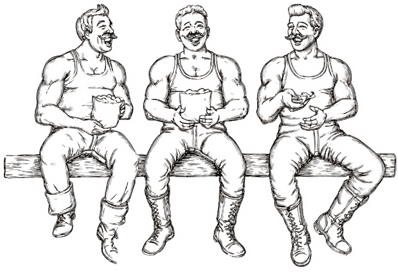 three movers eating lunch on wall drawing