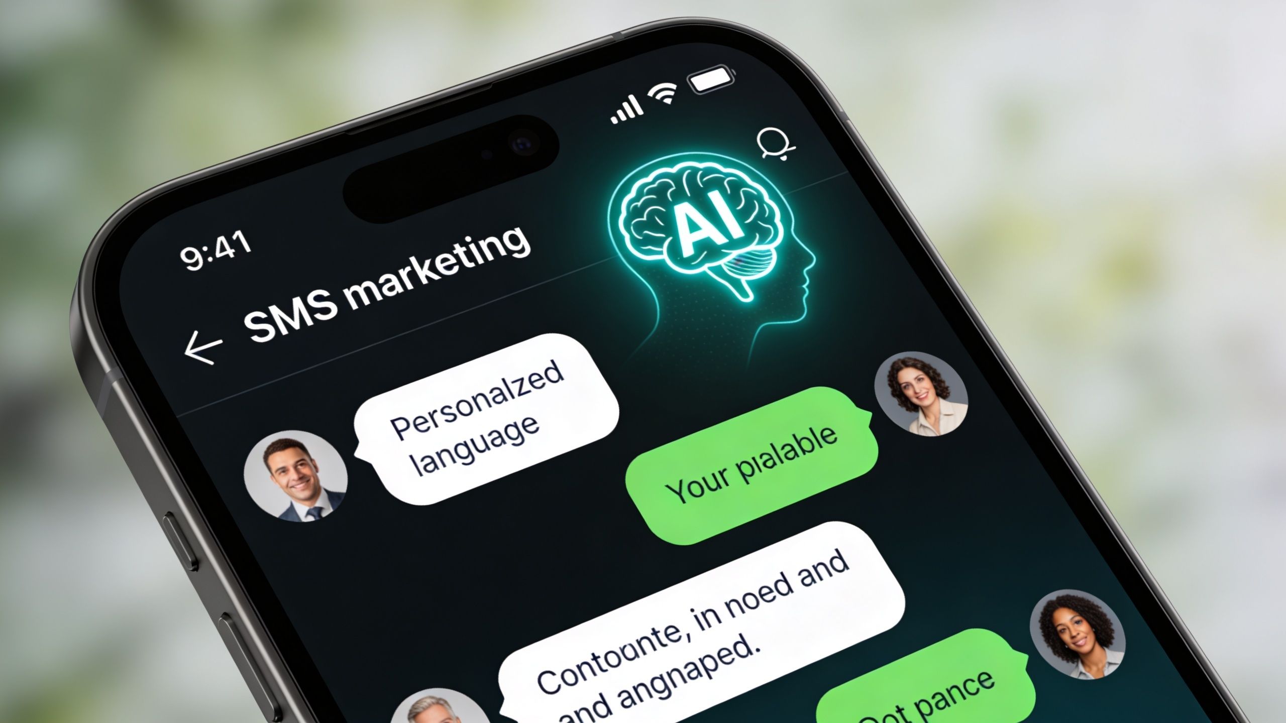 A smartphone screen displaying an SMS marketing interface with AI-generated text messages and chat icons.