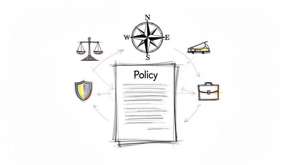 A central policy document in a diagram connected to symbols of law, business, direction, and protection.