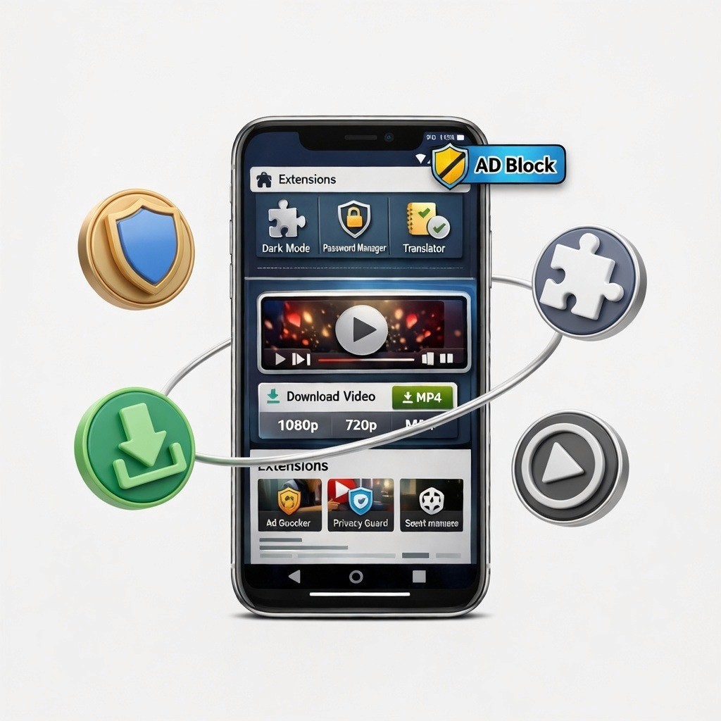 Browser with extension, video downloader, and adblock