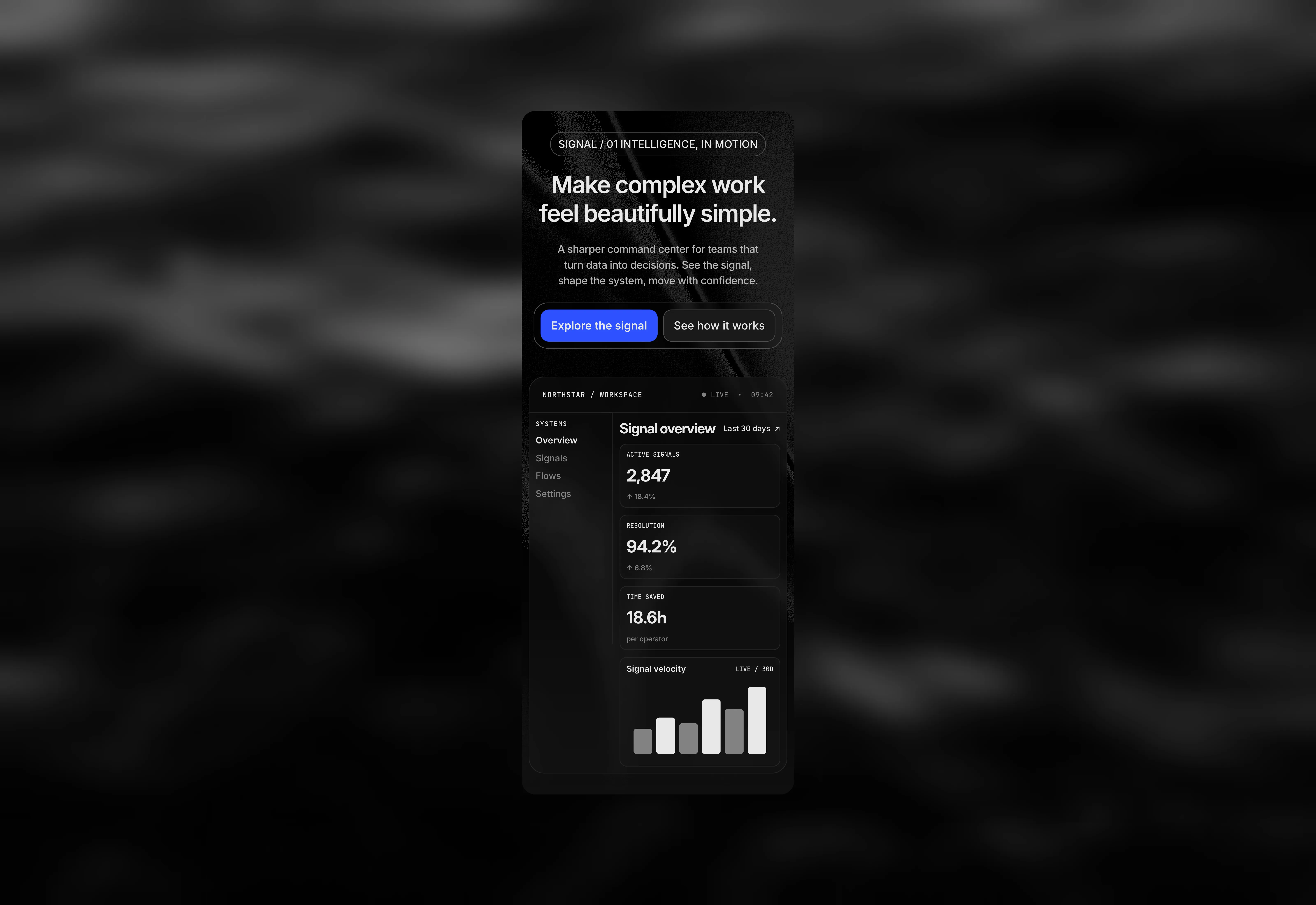 A dark themed UI design of a hero section for mobile breakpoints.
