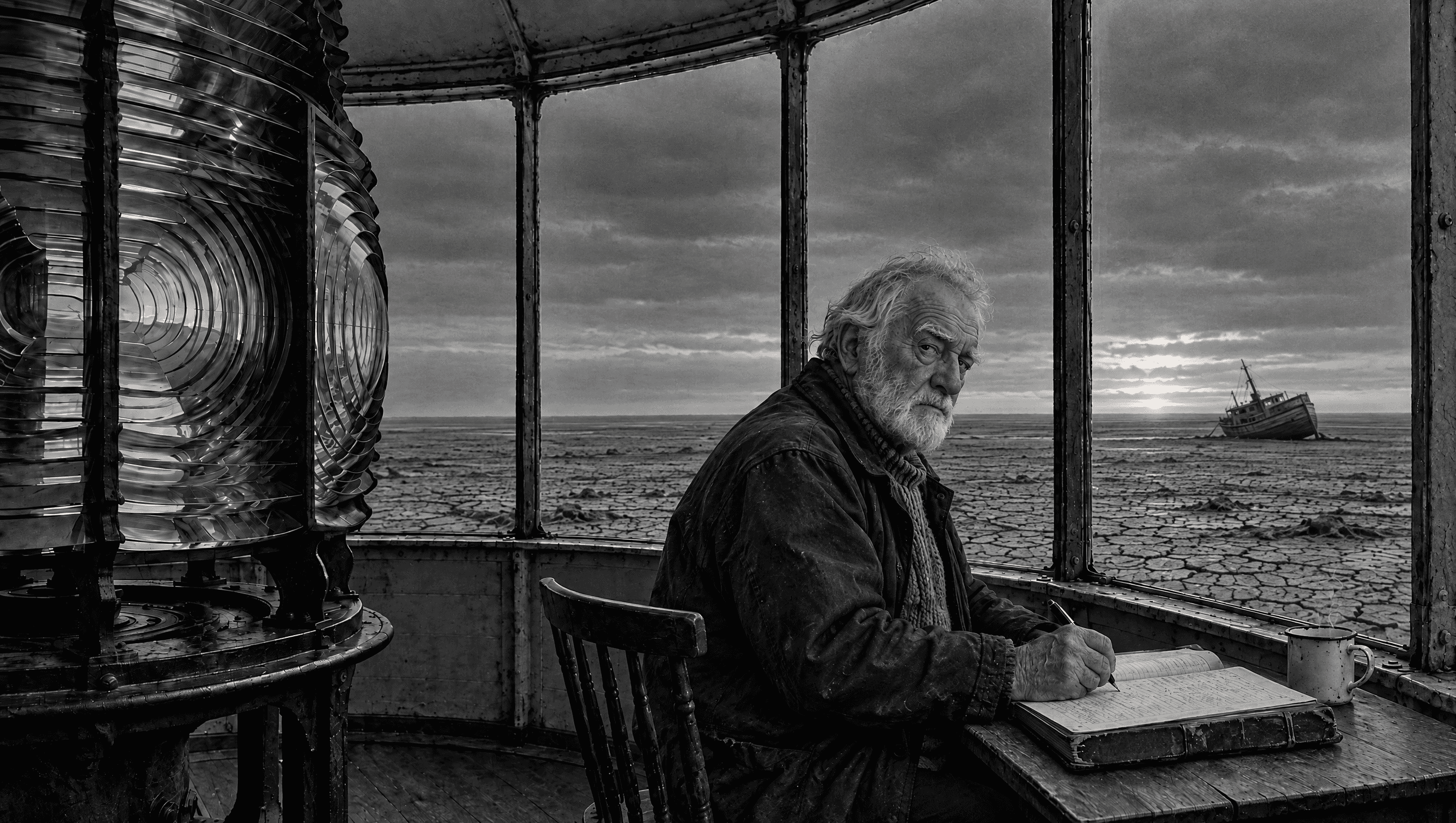 An old lighthouse keeper with a white beard writing in a leather logbook in the lamp room, dry seabed beyond the windows