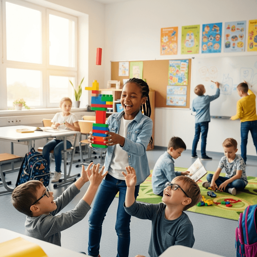 A lively classroom scene where young children play, build with colorful blocks, draw on the whiteboard, and read together