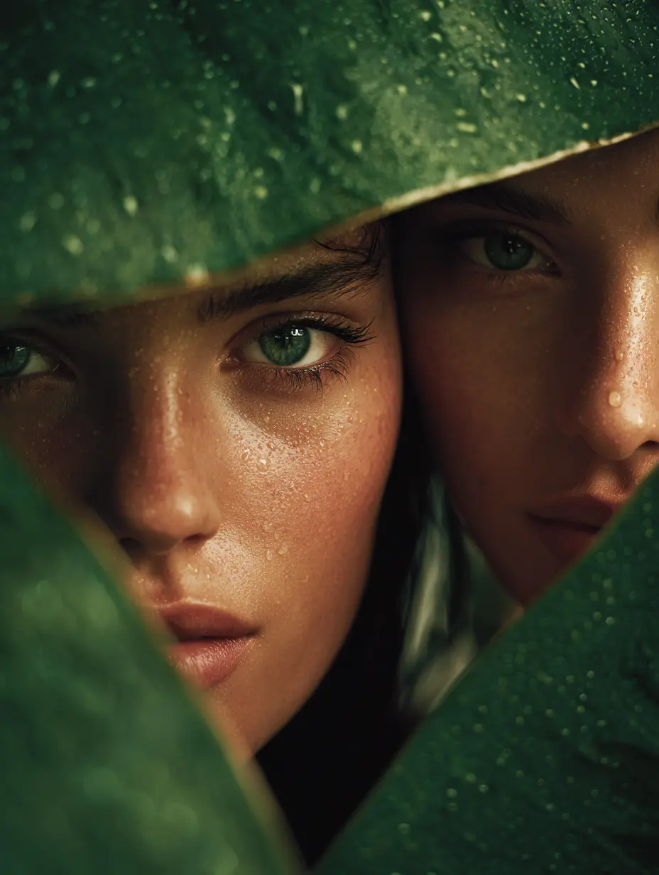 Cinematic close-up portrait of two women framed by leaves with water droplets.