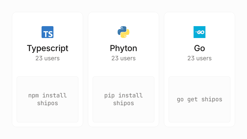 Programming languages: TypeScript, Python, Go with installation commands.