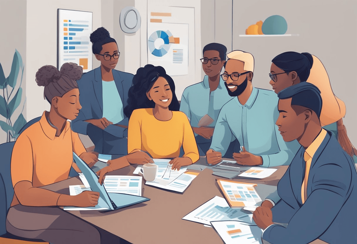 A group of diverse individuals gather around a table, brainstorming ideas and analyzing data to optimize recruitment economics and reduce cost per hire