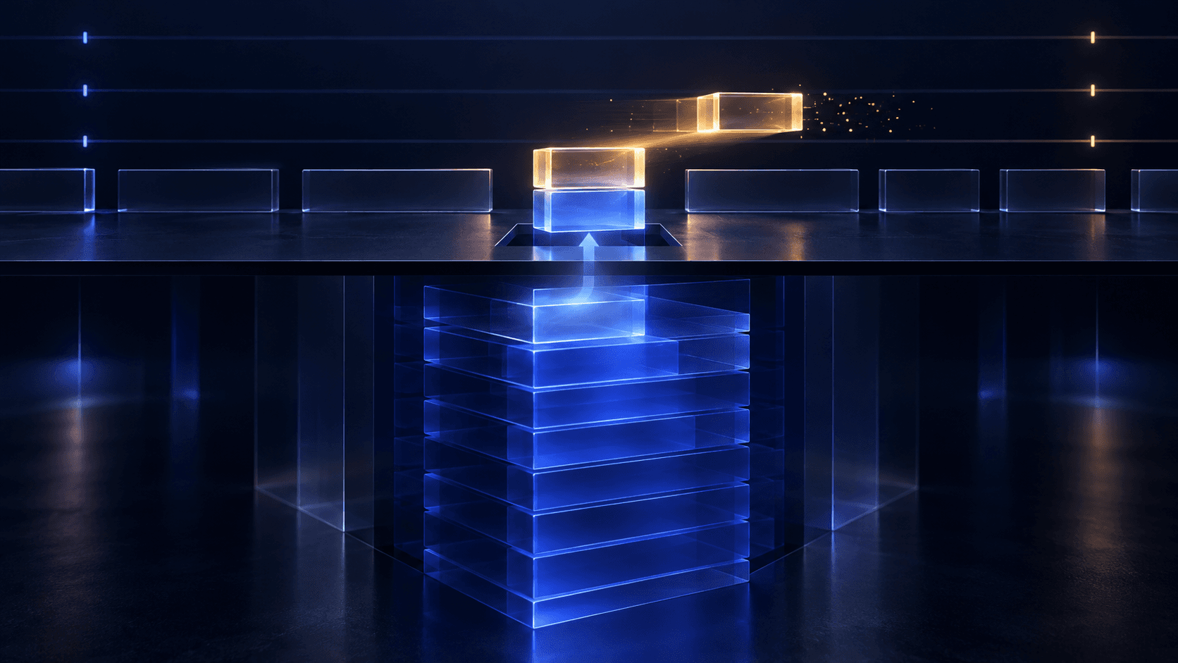 A glowing displayed order slice rises from a hidden stack of cobalt reserve blocks into a dark electronic price lane