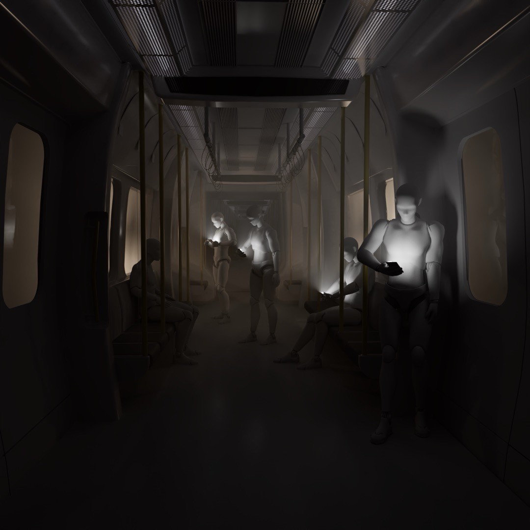 Dimly lit subway car with mannequins using glowing smartphones sitting and standing