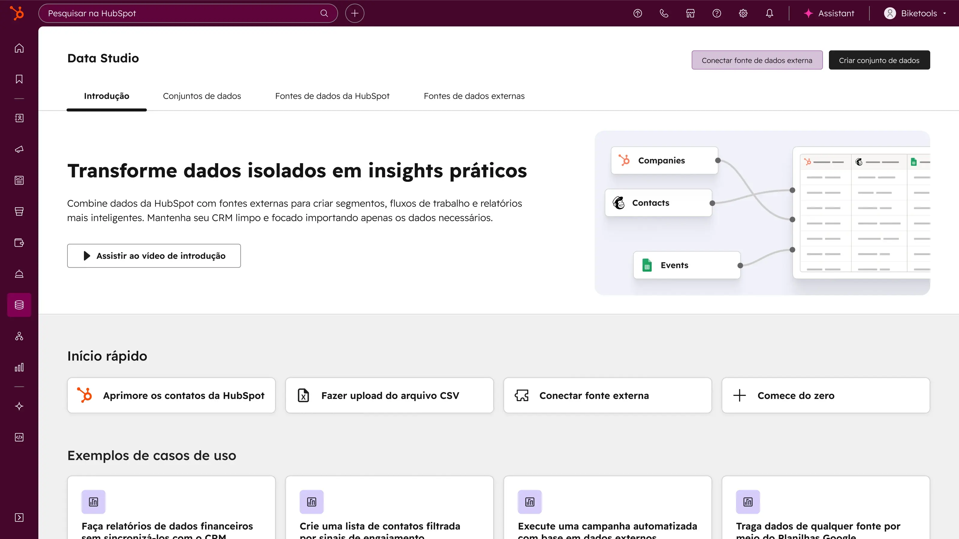 Painel do Data Hub da HubSpot com sincronização de dados