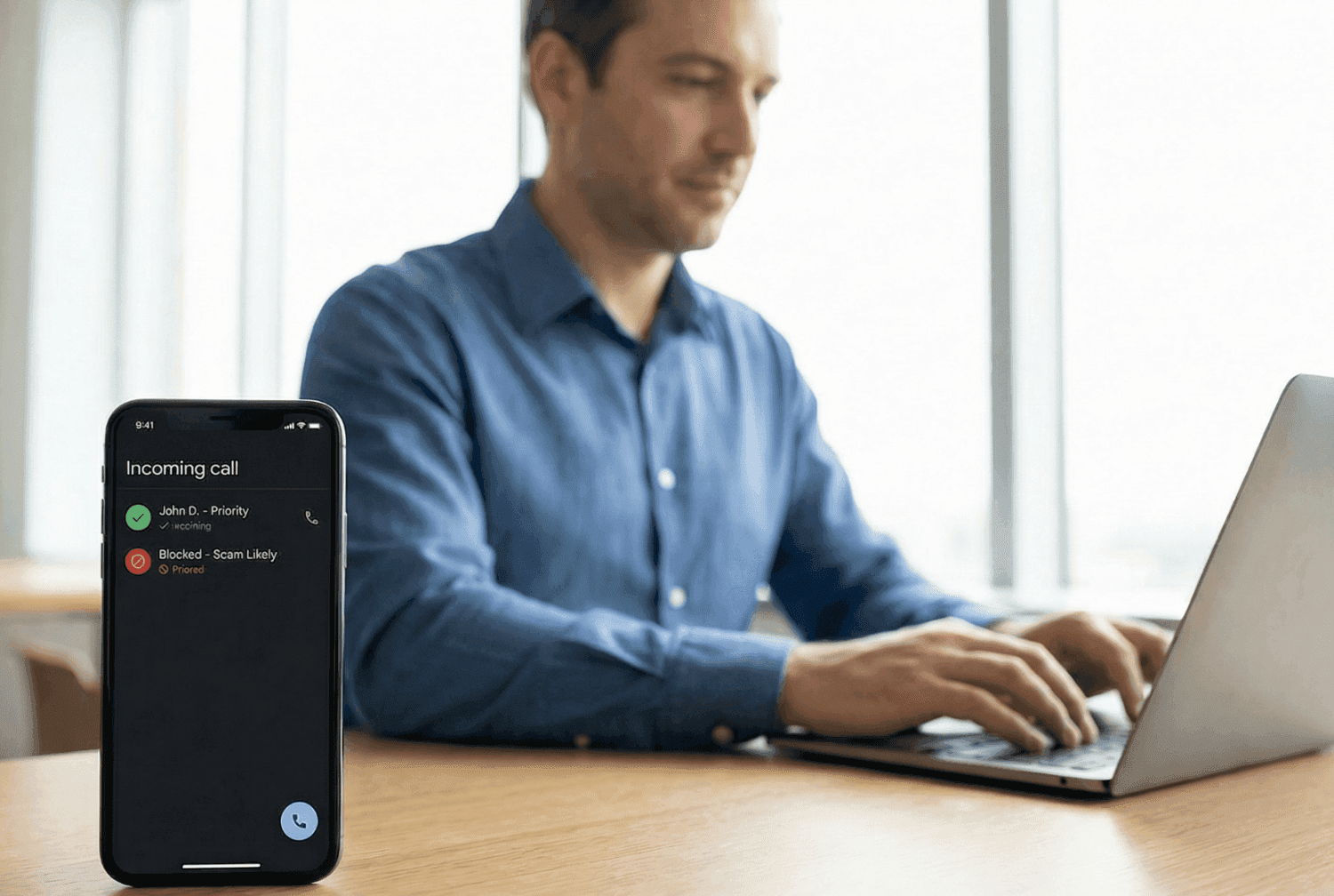 Person working on laptop while phone shows screened calls