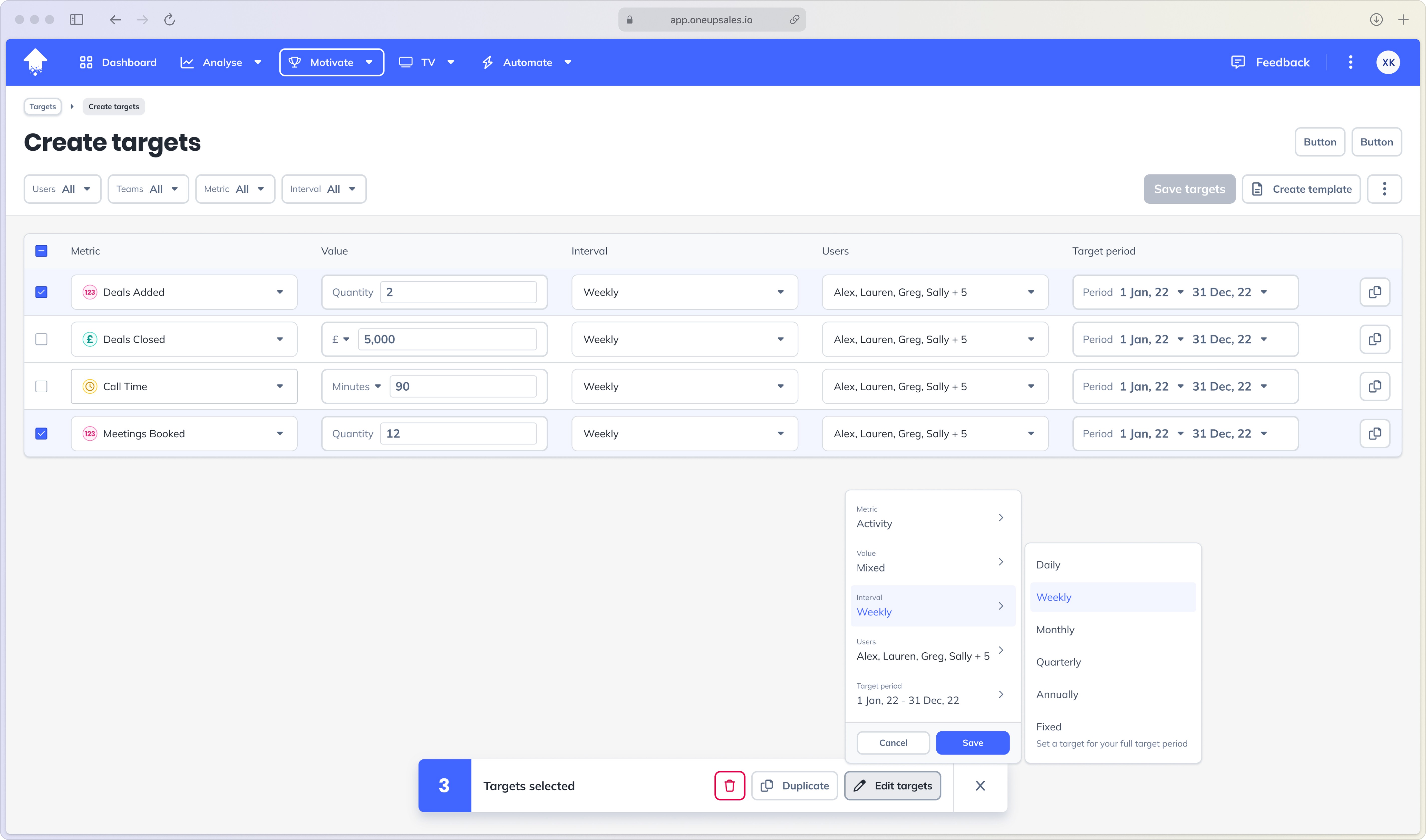 A browser mockup showing the target creation interface