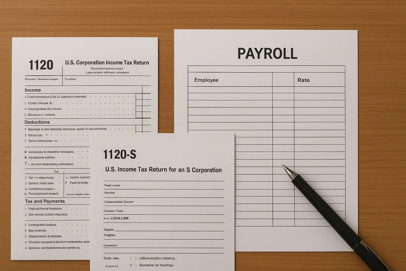 Desk with tax forms labeled 1120 and 1120-S beside payroll sheets, symbolizing business compliance and recordkeeping after conversion.