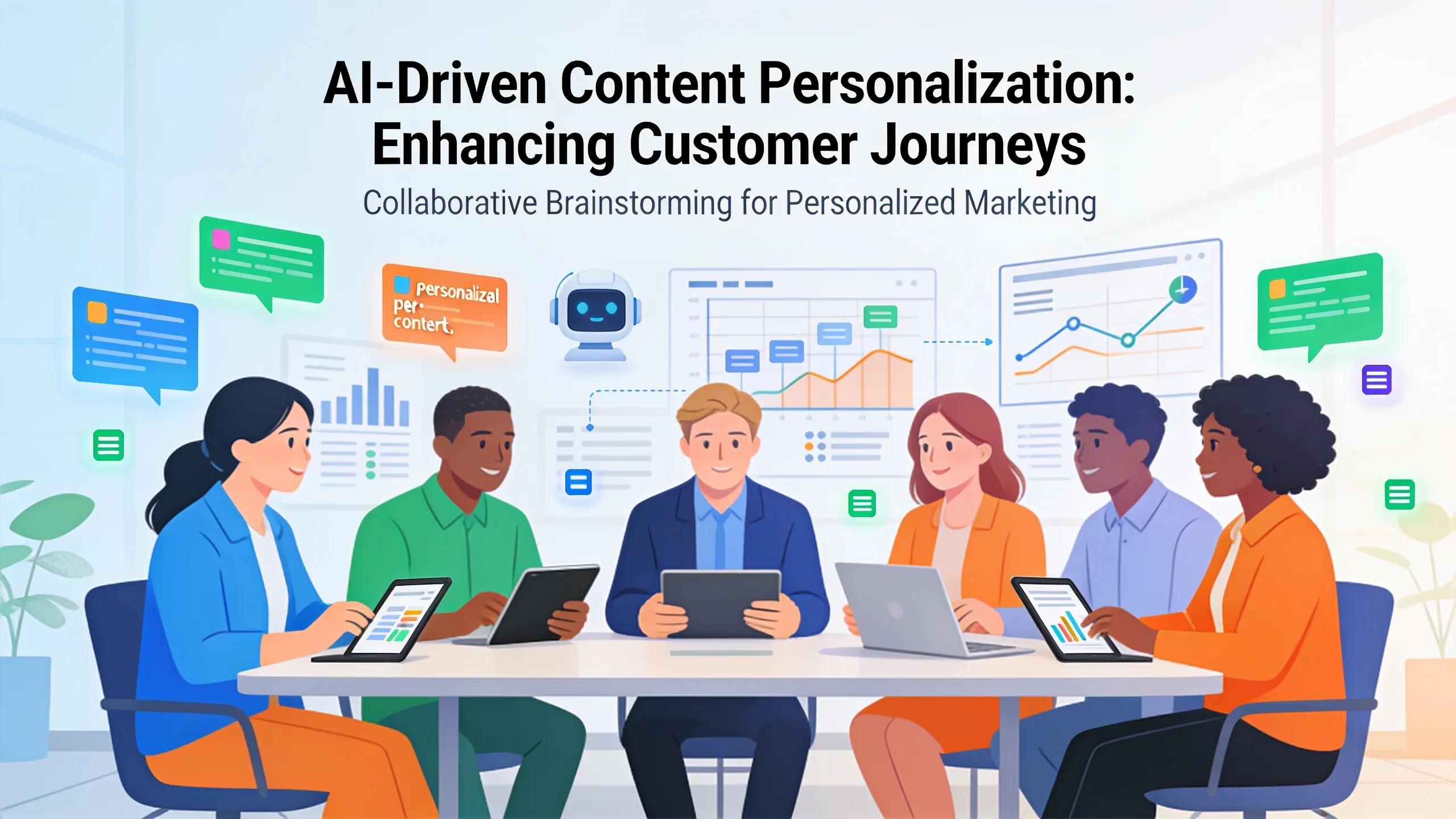 A group of marketing professionals collaborating on AI-driven content strategies, illustrating the impact of personalization on customer journeys.