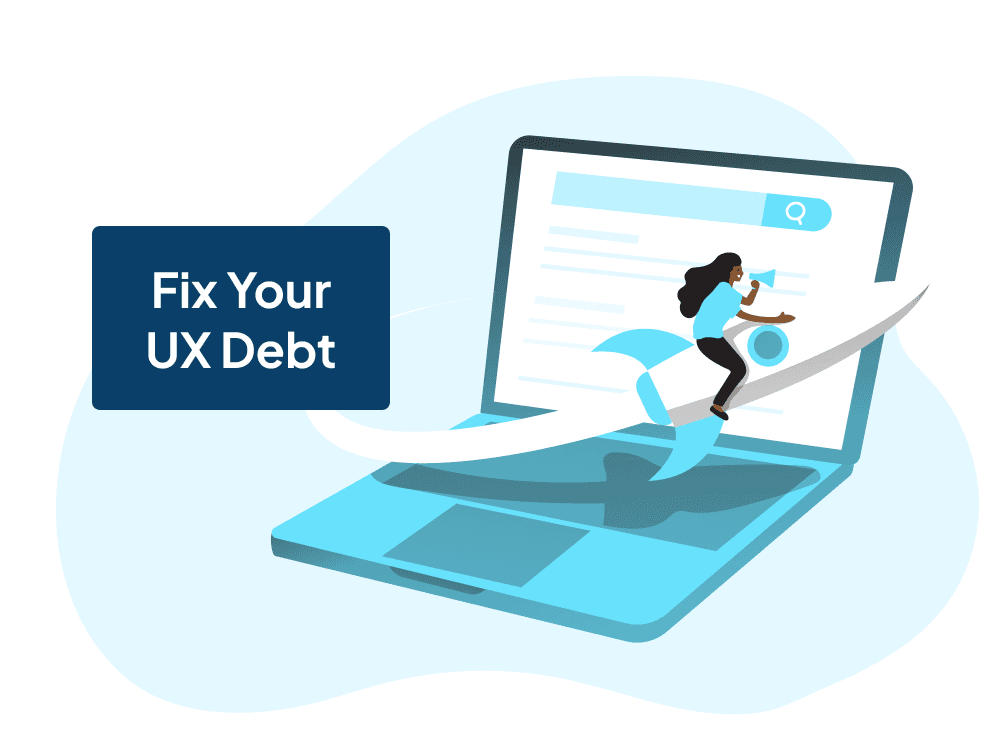 An illustration of a person flying a rocket past a laptop. At the start of the rocket path is a box that reads "Fix Your UX Debt".