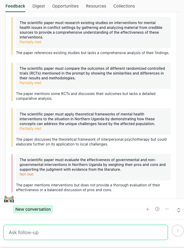 Screenshot of thesify feedback showing separate academic tasks: comparing randomized controlled trials by results and methodology, and evaluating governmental and non-governmental interventions by weighing their pros and cons.