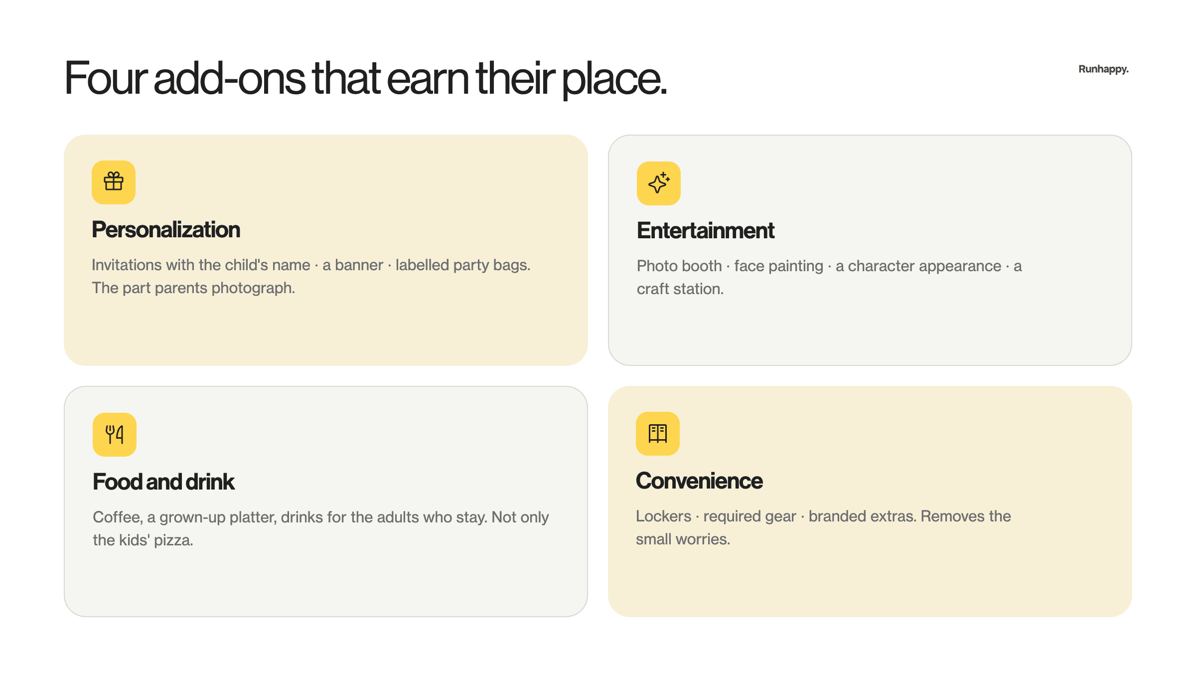 An image showing four different types of party add-ons
