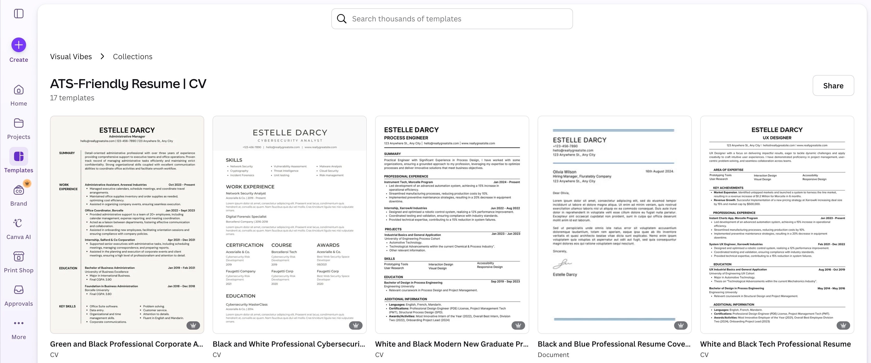 Canva's resume template selection screen