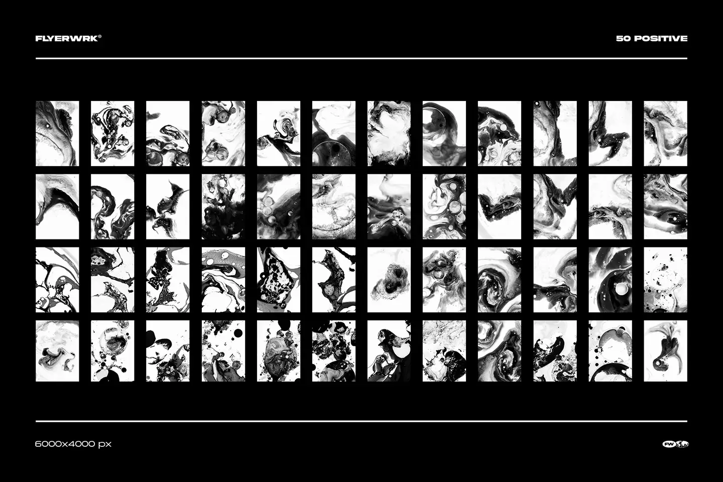 Milch ink in milk textures pack showing fifty high resolution positive black and white liquid backgrounds