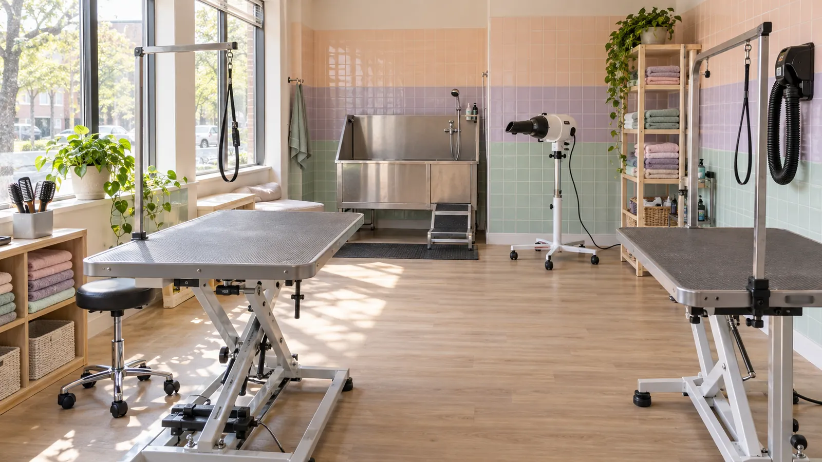 Inside the grooming room: tables in a row, pastel tiled walls and hand dryers on arms