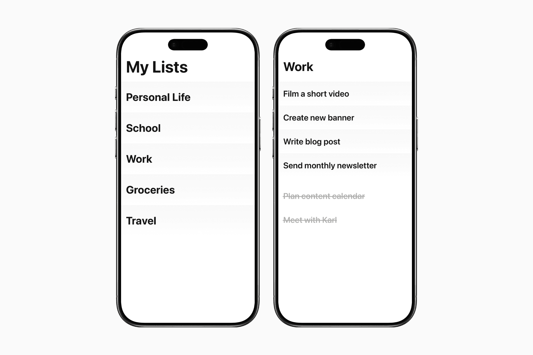 2 phone screens of the Clear to-do list app