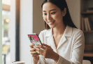 A woman smiling while looking at her phone, illustrating how to use psychology and emotional signaling to build an attractive online dating profile.