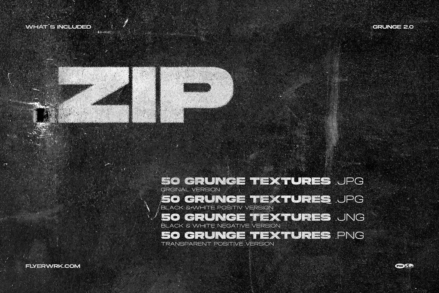 Content overview for grunge textures zip file including positive and negative JPG and PNG versions