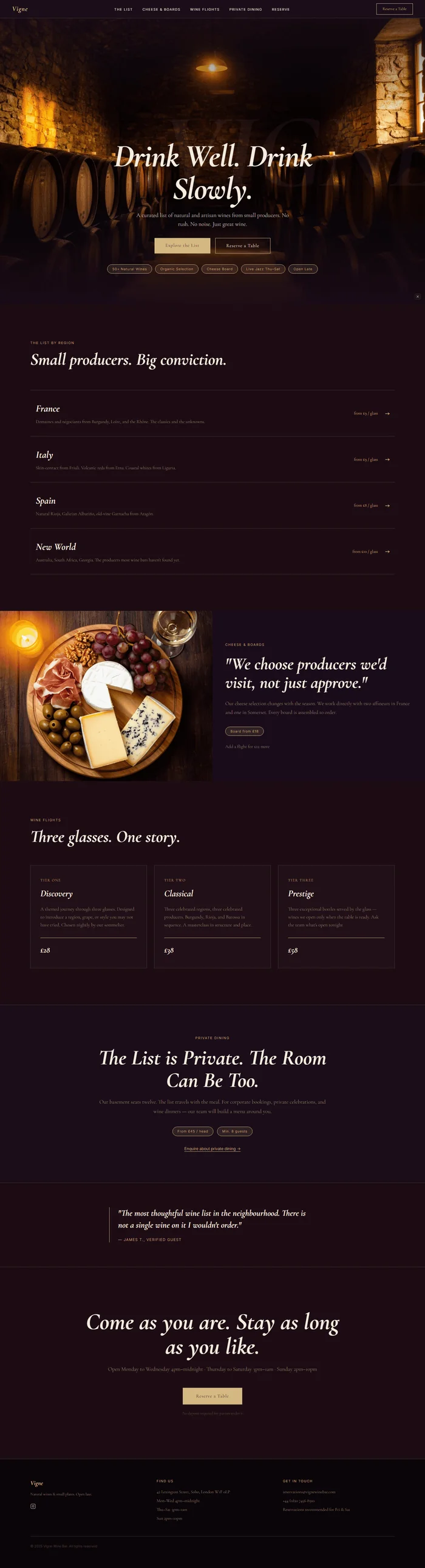 Full preview of a dark natural wine bar website in deep burgundy-black with aged champagne typography. Cormorant Garamond italic headlines, a cinematic cellar photography hero, and tiered wine flight cards create an intimate, atmospheric aesthetic.