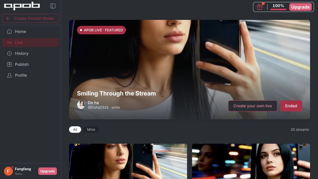 APOB Live gallery showing ended AI-generated streams and the Create your own live button