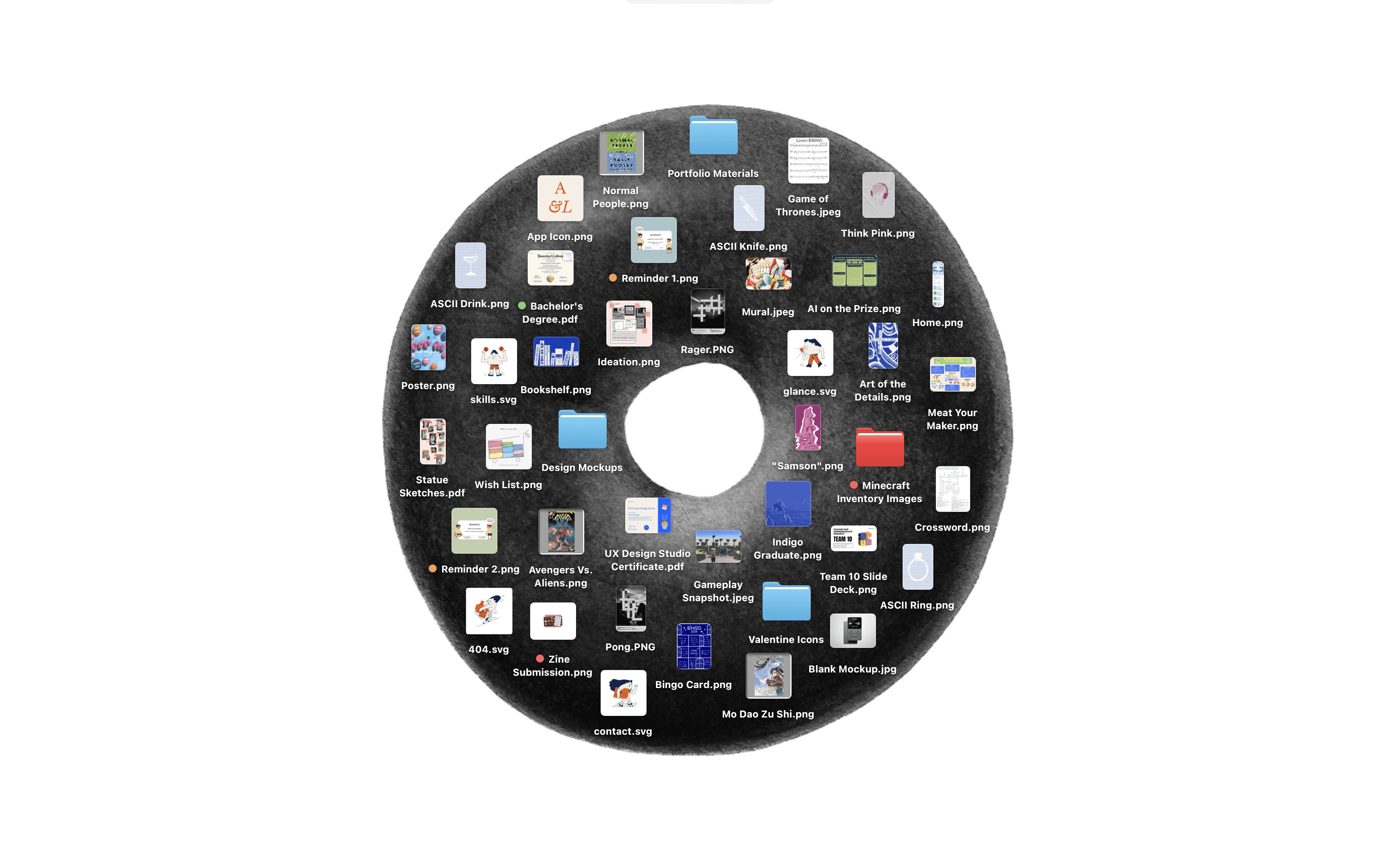 A black colored bagel on a white background. Multi-colored document, image, and folder icons line are contained within the bagel. 