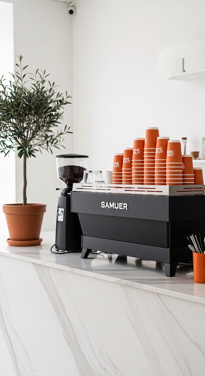 Modern espresso machine with stacked cups