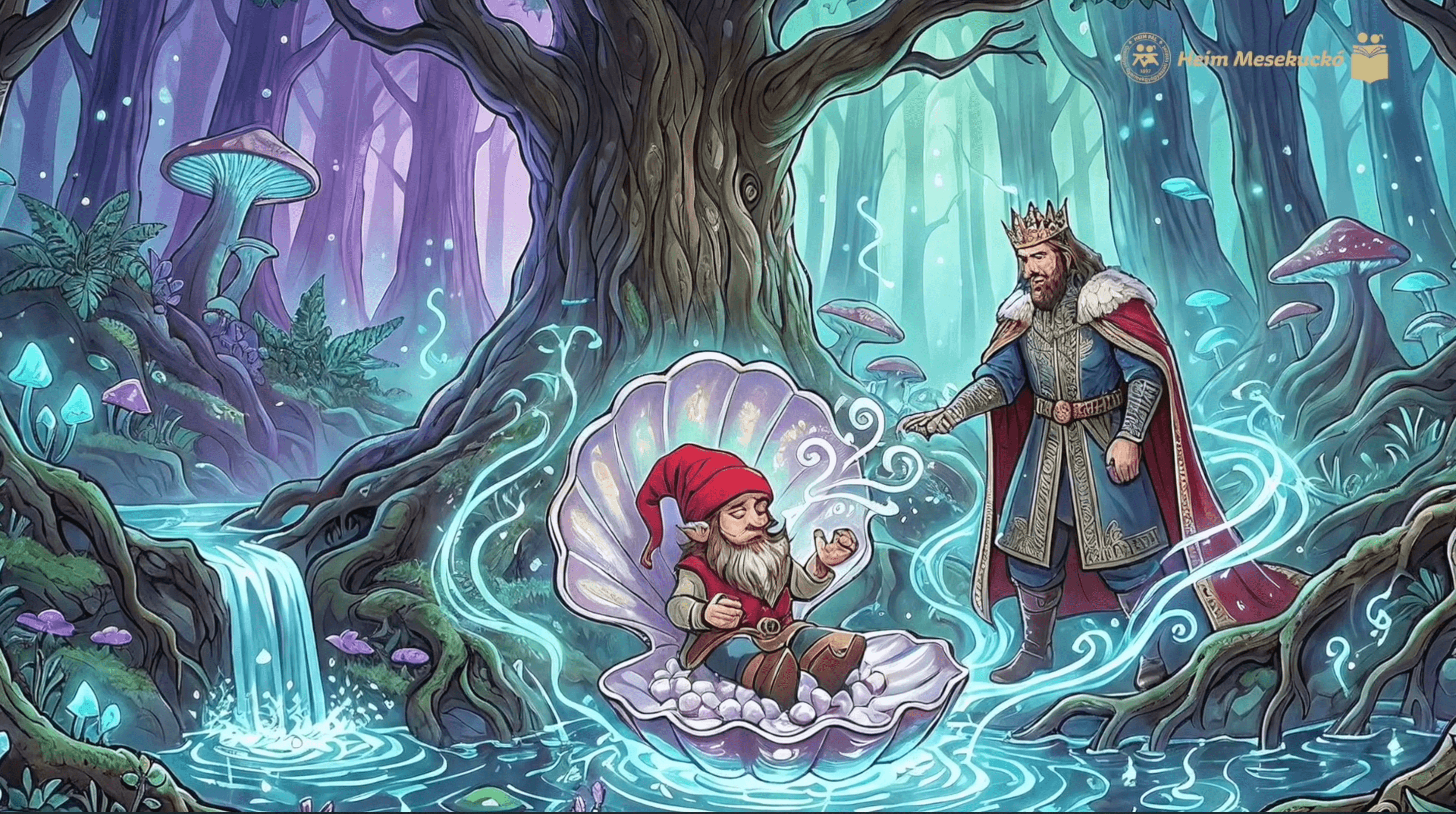 Nagy fa tövében kagylóban ülő piros sapkás manóhoz érkezik egy király.