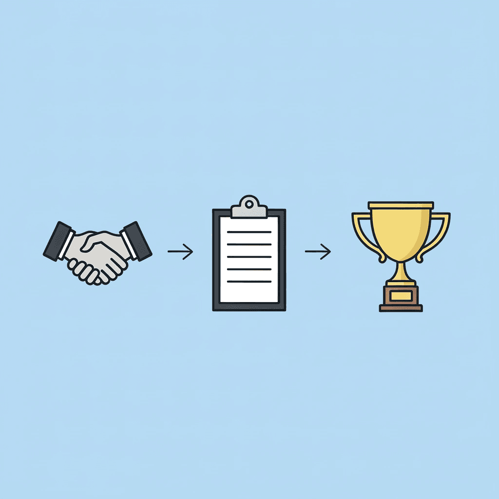 Three-step workflow showing progression through the case study creation process