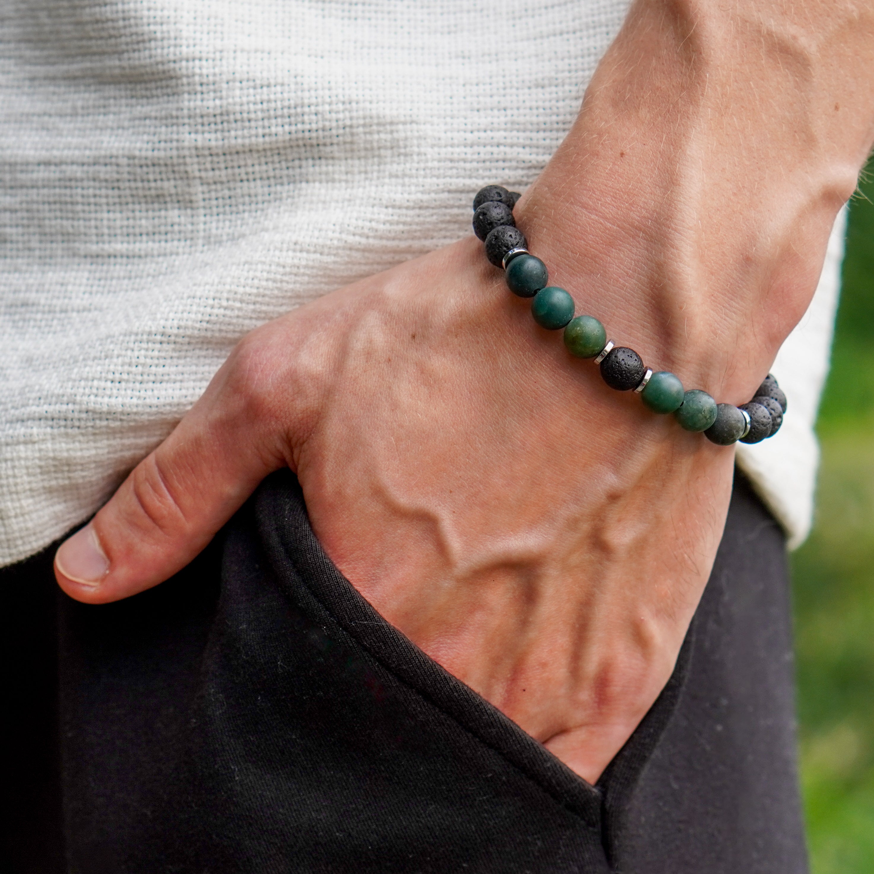 Stylowa męska bransoletka z kamieni naturalnych – agat mszysty, lawa i hematyt na nadgarstku CORE dla mężczyzn na prezent