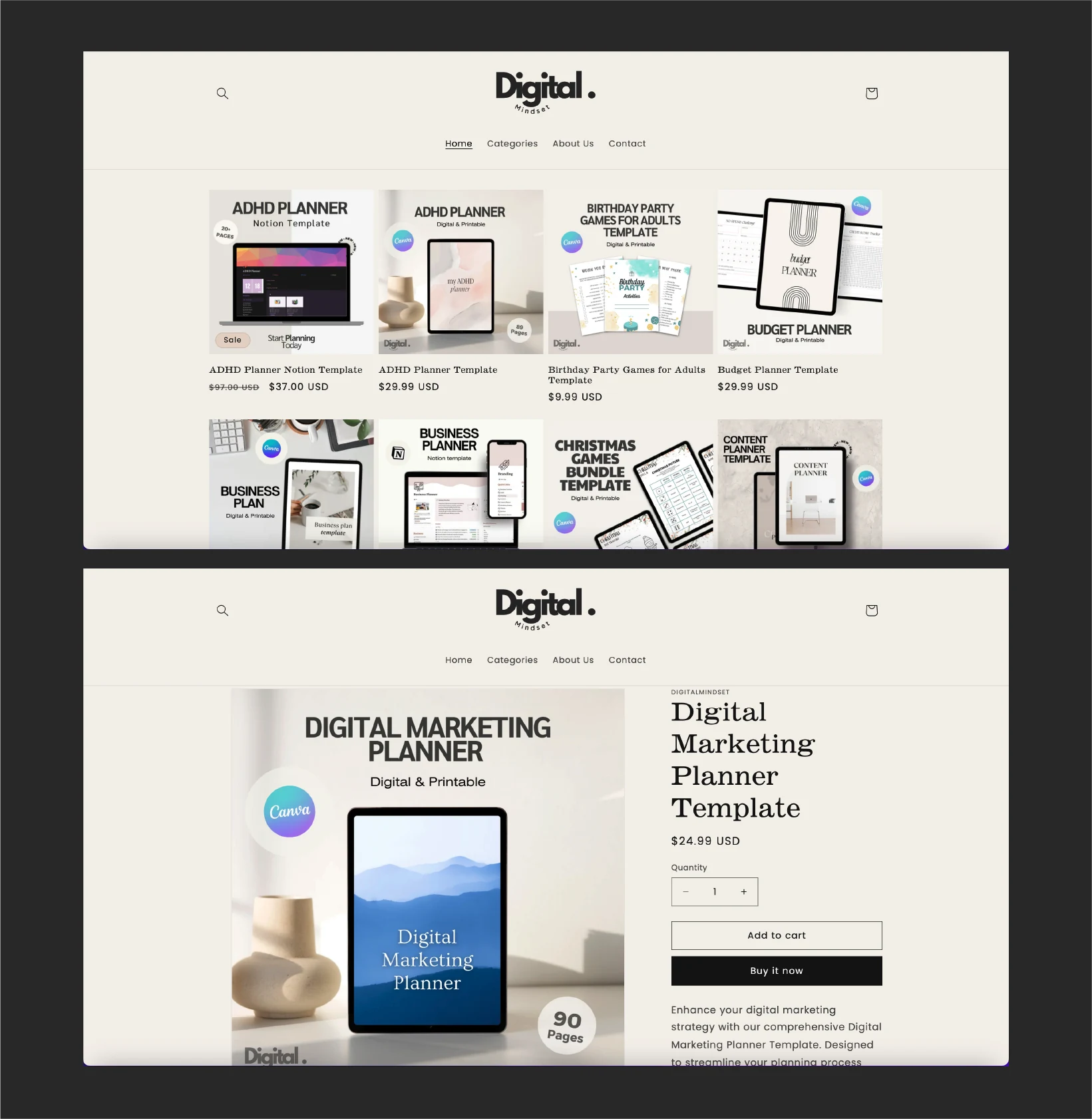 Digital Mindset storefront and product-page design
