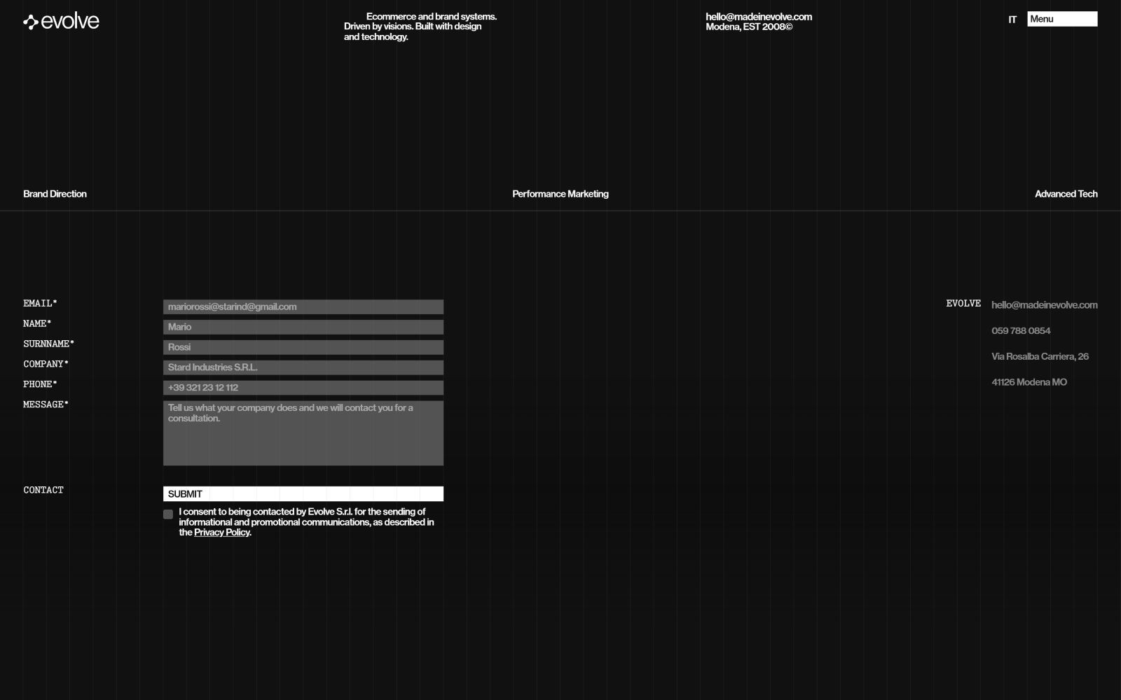Dark webpage with evolve logo, contact form, and submit button. Text: "Ecommerce and retail systems, Performance Marketing, Advanced Tech.