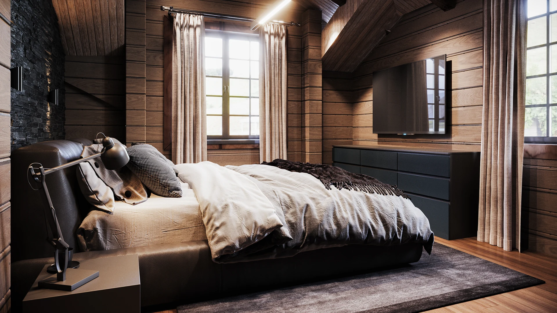 Chambre en plan large avec linge de lit en lin et tapis moelleux.