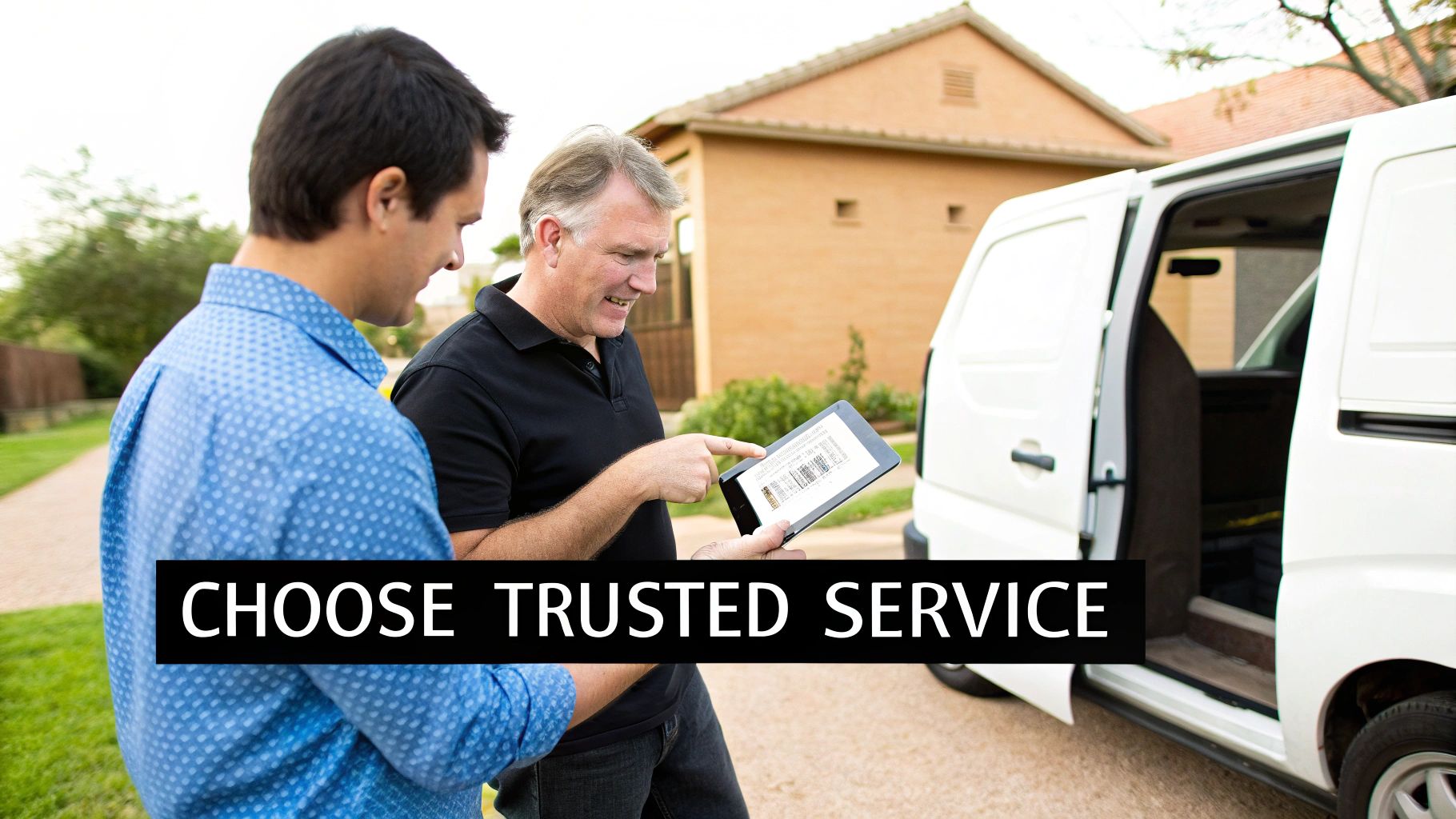 Two men, possibly a service technician and customer, review details on a tablet next to a white service van.