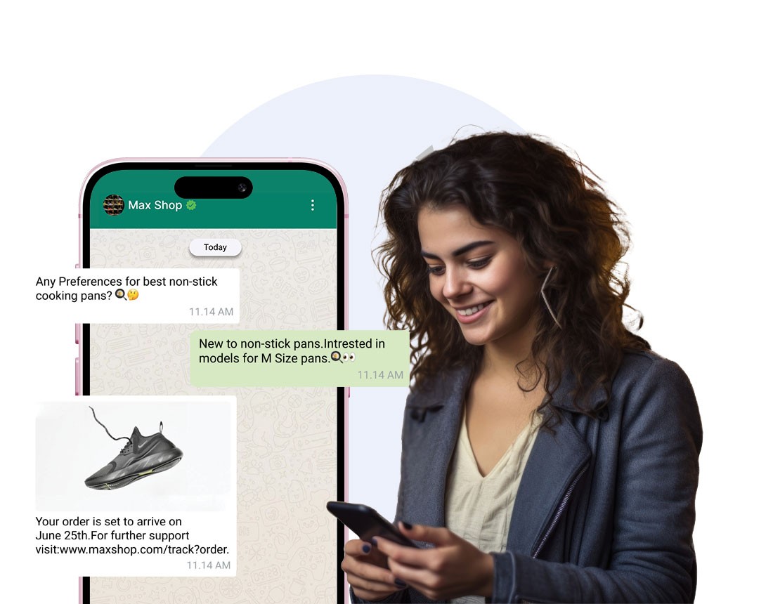 Smiling woman using WhatsApp with Wapiio automation for shopping and customer support. Wapiio streamlining product inquiries and order tracking