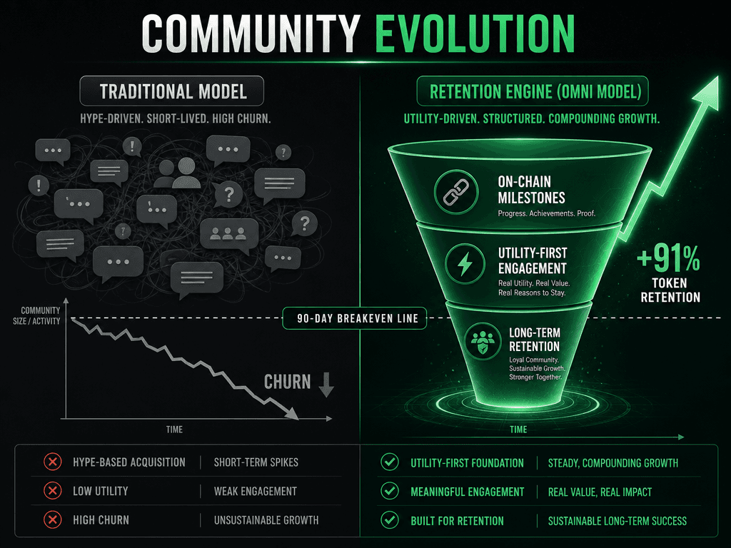 Comparison graphic showing the traditional community churn model versus the OMNI retention engine model for crypto projects.