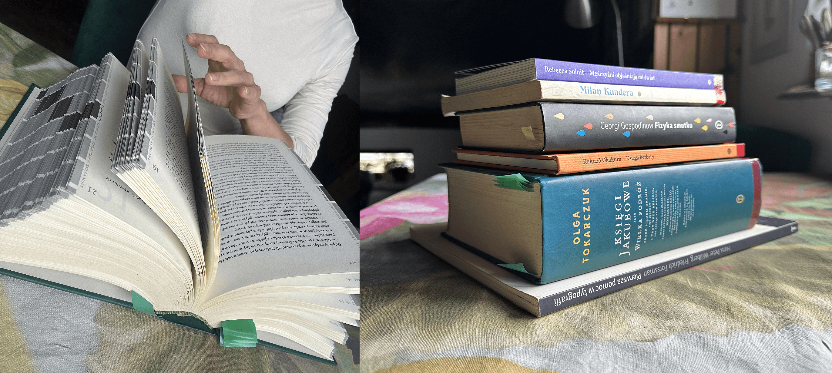 Na pierwszym planie zdjęcia po lewej widać dużych rozmiarów książkę w kontekście dłoni kobiety. Na zdjęciu po prawej widzimy stos książek, gdzie Księgi Jakubowe dominują rozmiarę nad innymi typowymi książkami