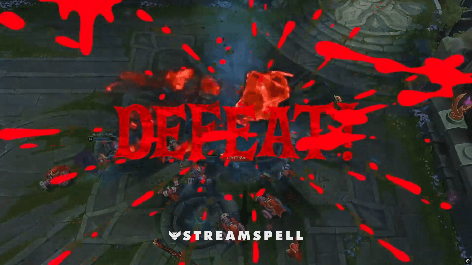 Bloody red “Defeat” text splashing across the screen, part of the Duskwood Reactive Overlays by StreamSpell. Perfect for horror or Halloween-themed streams on Twitch and YouTube. Powered by Streamlabs Reactive Overlay system.