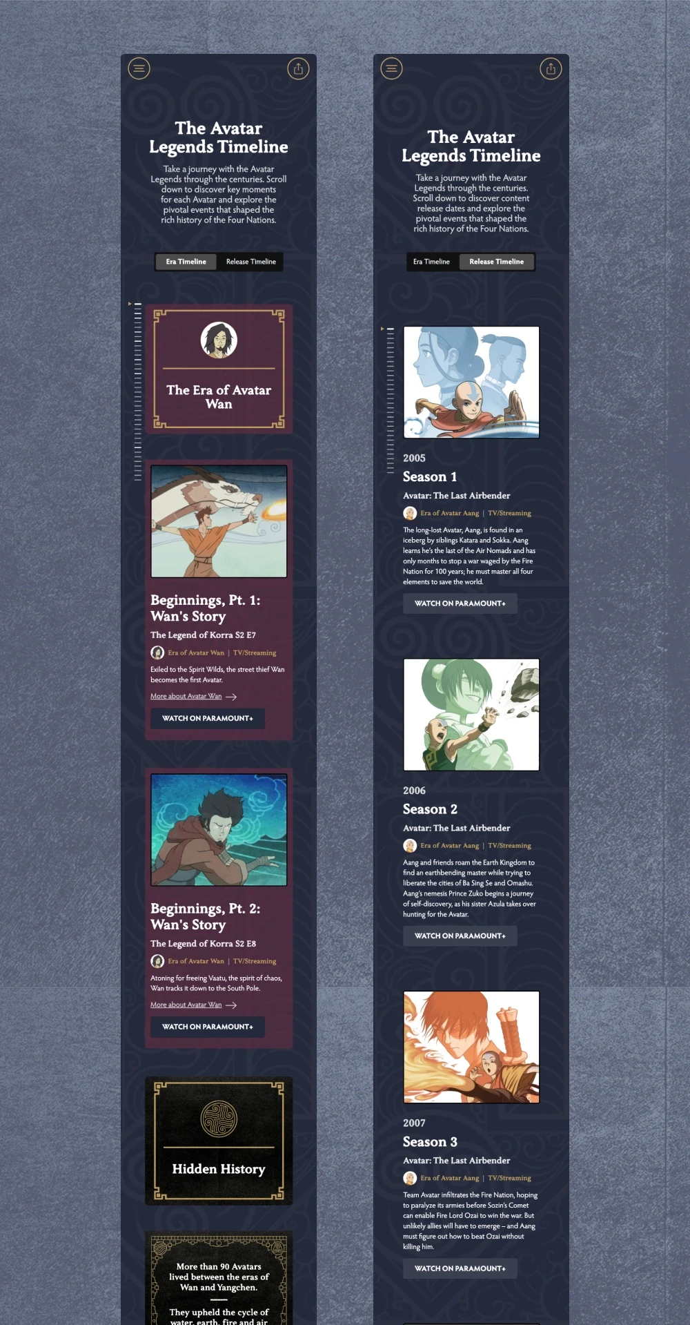 Two mobile screenshots showing the Avatar Legends Timeline in 'Era' and 'Release' modes, featuring an interactive scroll bar and content cards.